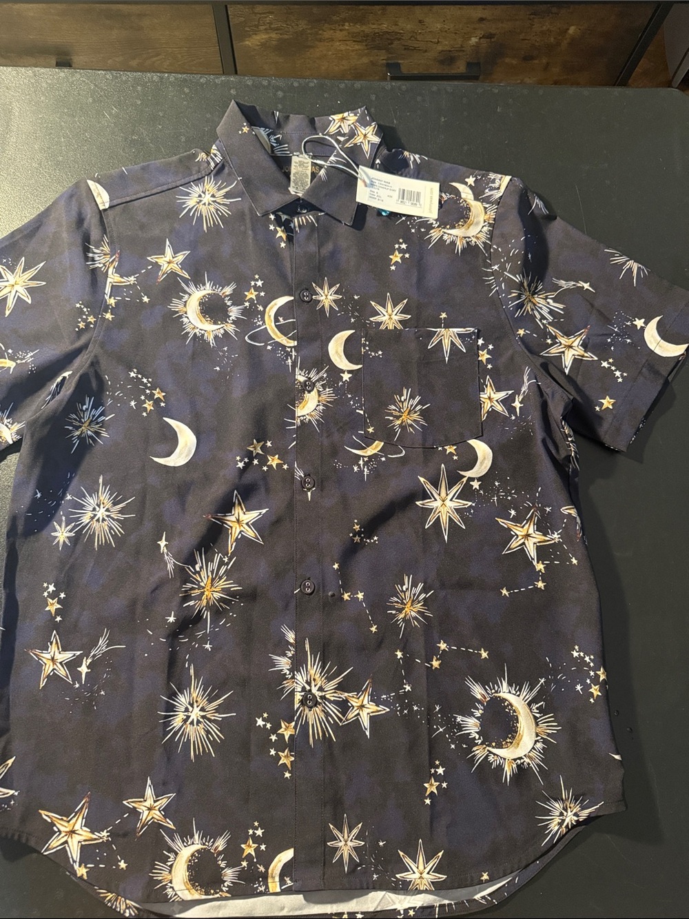 Johnny Was Men's Navy Shirt with Gold and White Celestial Print